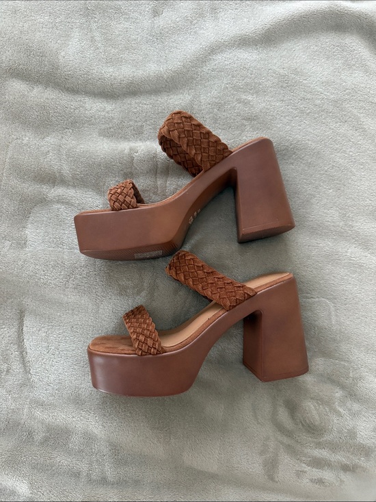 Rag & Co Shoes - Woven Strap Brown Platform Heeled Sandals